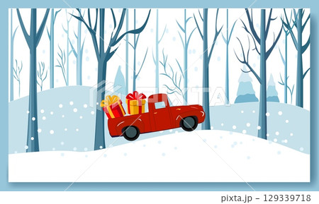 Festive winter scene featuring a car with gifts and a cheerful snowman celebrating Christmas and New Year in a snowy forest Festive winter scene featuring a car with gifts and a cheerful snowman celebrating Christmas and New Year in a snowy forest 129339718