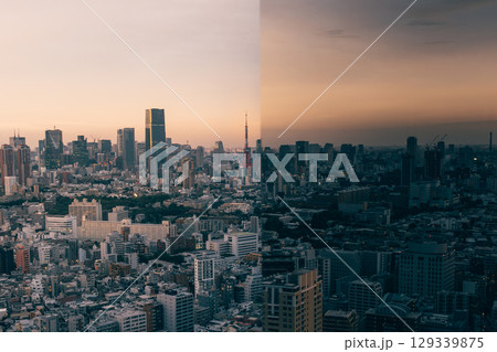 Tokyo Skyline with Tokyo Tower at Blue Hour, Japan 129339875