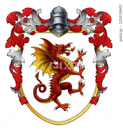 Welsh Dragon Coat of Arms Crest Heraldic Shield 129339905