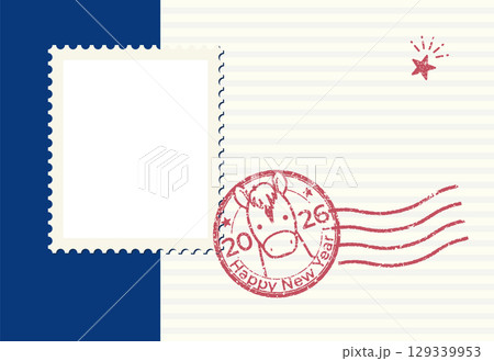午年のスタンプ風フォトフレーム年賀状（文字なし） 129339953