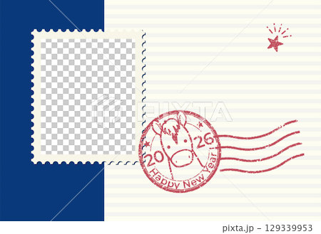 午年のスタンプ風フォトフレーム年賀状（文字なし） 129339953