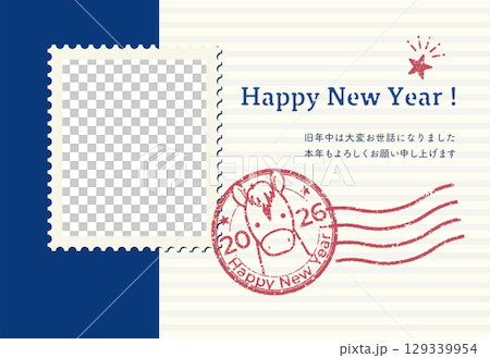 Year of the Horse stamp-style photo frame New Year's card (with accompanying text) Year of the Horse stamp-style photo frame New Year's card (with accompanying text) 129339954