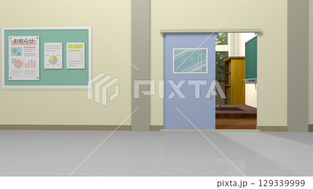 アニメーションの背景に使える教室の風景（廊下から教室の入り口を見て） 129339999