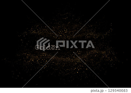 Isolated design component, exquisite golden frame of shiny tinsel on black background Isolated design component, exquisite golden frame of shiny tinsel on black background 129340083