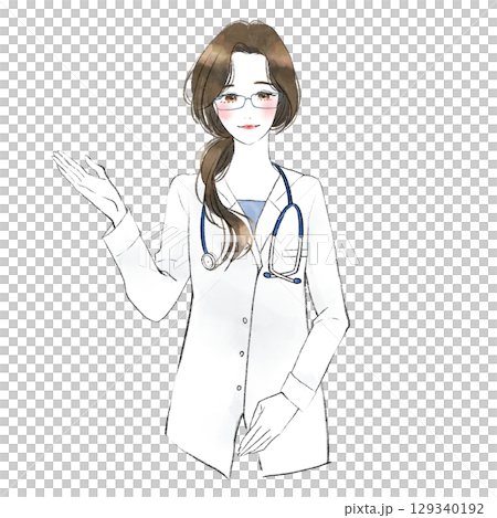 Illustration of a smiling female doctor guiding Illustration of a smiling female doctor guiding 129340192