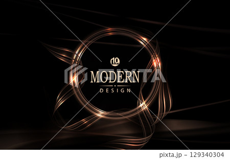 Composition with a round gold frame with shiny ribbons on a black background 129340304