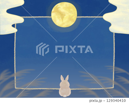 ウサギとススキと月夜のイラストフレームB 129340410