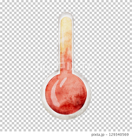 Watercolor thermometer indicating hot temperature on a transparent background. Icon Summer Weather Climate Forecast Meteorology Thermal Measurement Watercolor Illustration 129340569