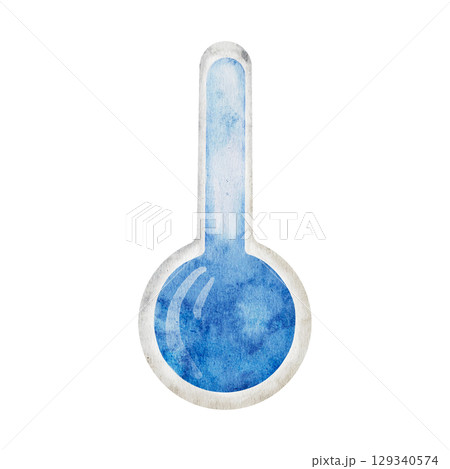 Watercolor thermometer indicating cold temperature on a transparent background. Icon Winter Weather Climate Forecast Meteorology Thermal Measurement Watercolor Illustration 129340574