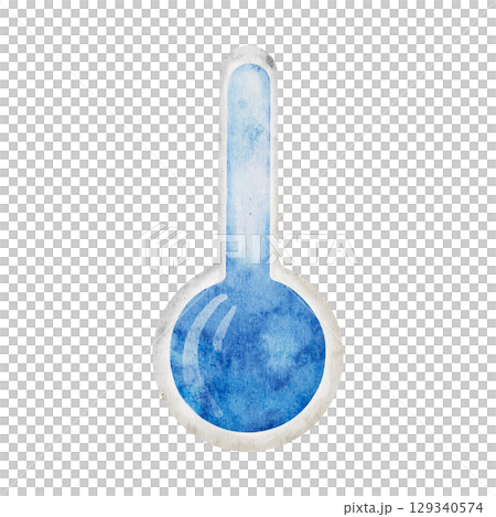 Watercolor thermometer indicating cold temperature on a transparent background. Icon Winter Weather Climate Forecast Meteorology Thermal Measurement Watercolor Illustration 129340574
