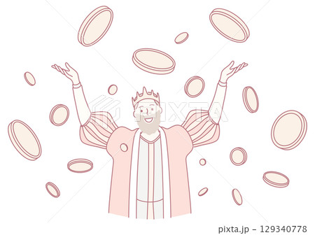 A Joyful Character with Coins Exuberantly Celebrating a Life of Abundance and Prosperity 129340778