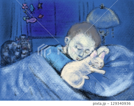 夜の窓辺にモビールが飾られている子供部屋で眠る男の子と白い猫 129340936