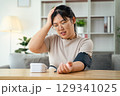 An Asian woman uses a portable blood pressure monitor in her living room. Health awareness concept. 129341025