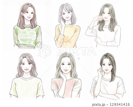 水彩画・手描きの女性・女の子のイラスト素材セット 129341418