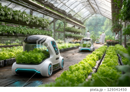 未来の植物工場と自動運転車による野菜の輸送 129341450