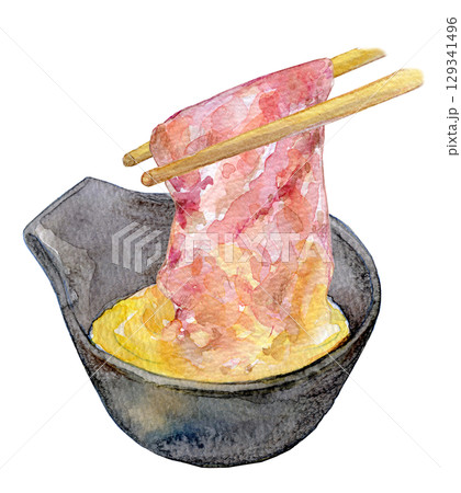 水彩イラスト　すき焼き　溶き卵 129341496
