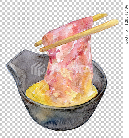 水彩插圖：壽喜燒和打好的雞蛋 129341496