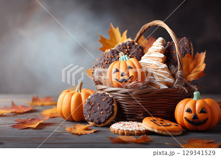 カゴに盛られたハロウィンのお菓子 カゴに盛られたハロウィンのお菓子 129341529