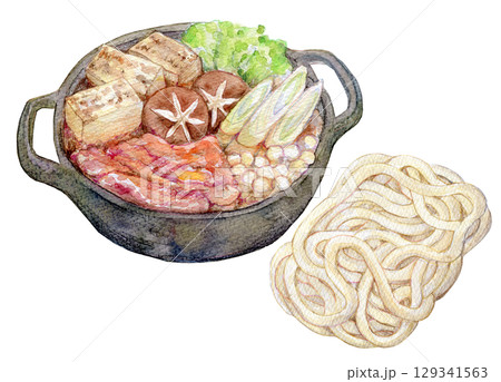 水彩イラスト　すき焼き　締めのうどん 129341563