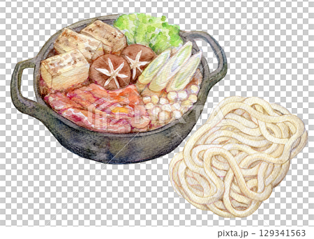 水彩イラスト　すき焼き　締めのうどん 129341563