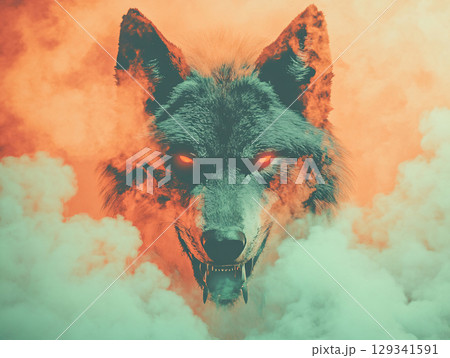 Savage wolf head. Dangerous Predator In The Wild. AI Generated. 129341591