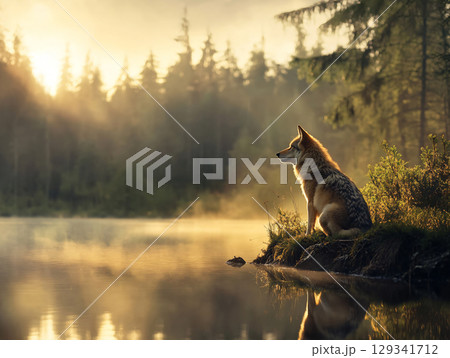 A wolf stands by the lake. The atmosphere is quiet in the big forest. AI Generated. 129341712
