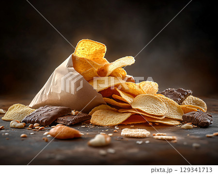 Potato chips in paper bag stack. unhealthy snacks. AI Generated. 129341713
