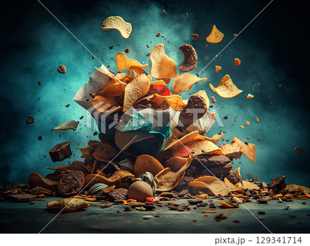 Chaotic pile of unhealthy snacks, such as potato chips, cookies, and chocolates, spilling out of open bags and wrappers. AI Generated. 129341714