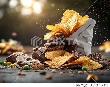 Potato chips in paper bag stack. unhealthy snacks. AI Generated. 129341718