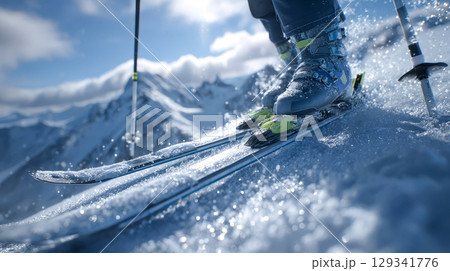 Close-up of ski boots and skis, dynamic movement on sparkling snow in the Alps 129341776