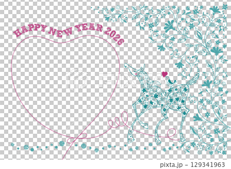 2026 年新年賀卡，圖案為一匹馬，背上有一隻鳥和小花，還有一顆心 - 綠色和粉紅色 129341963