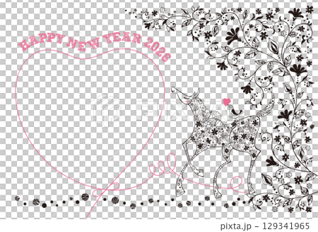 2026 年新年賀卡,圖案為一匹馬,背上有一隻鳥和小花,還有一顆心 - 黑色和粉紅色 2026 年新年賀卡,圖案為一匹馬,背上有一隻鳥和小花,還有一顆心 - 黑色和粉紅色 129341965