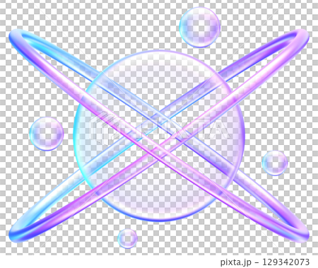 3D atomic structure icon in purple blue glass, symbolizing science, physics, innovation, and technology 129342073