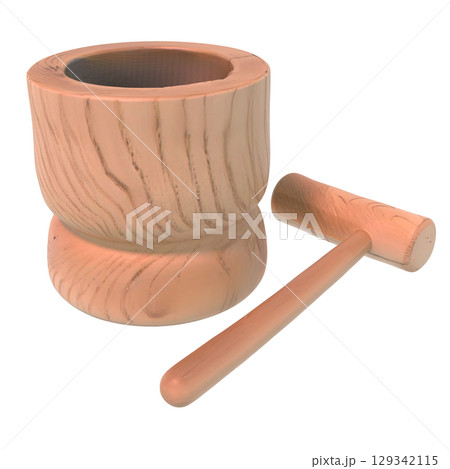 冬の正月や秋のお月見の団子を餅屋で餅をつく木製の臼と杵 冬の正月や秋のお月見の団子を餅屋で餅をつく木製の臼と杵 129342115