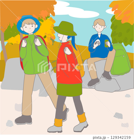 秋の野山をハイキングやトレッキングで楽しむ人々のイラスト 129342159