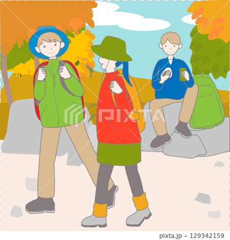 Illustration of people enjoying hiking and trekking in the autumn fields and mountains 129342159