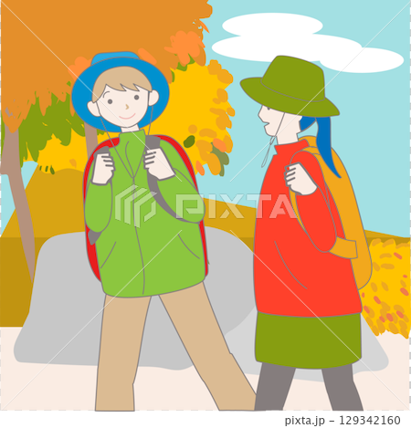 人們在秋天的田野和山脈中享受徒步旅行和徒步旅行的插圖 人們在秋天的田野和山脈中享受徒步旅行和徒步旅行的插圖 129342160
