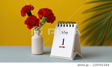 Brightly colored desk calendar showing May with red flowers in a vase on a blue table Brightly colored desk calendar showing May with red flowers in a vase on a blue table 129342164