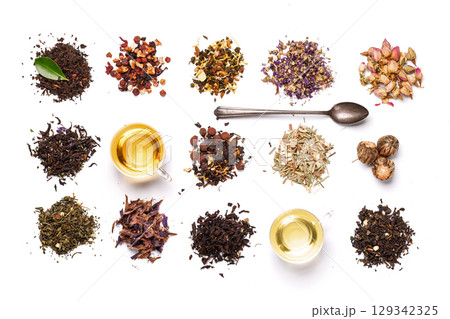 An assortment of various dry tea leaves, showcasing different textures, colors, and blends An assortment of various dry tea leaves, showcasing different textures, colors, and blends 129342325