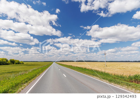 Endless asphalt road stretching through a summer landscape of green fields under a sunny sky Endless asphalt road stretching through a summer landscape of green fields under a sunny sky 129342493