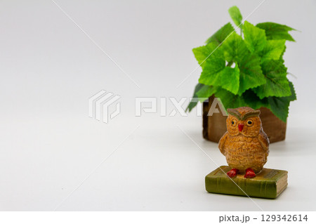白背景にフクロウの置物 129342614