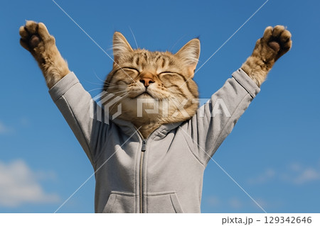 青空の下でさわやかに伸びのポーズをする猫 青空の下でさわやかに伸びのポーズをする猫 129342646