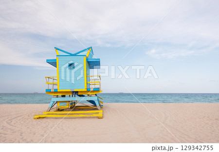 Colorful lifeguard tower on Miami Beach 129342755