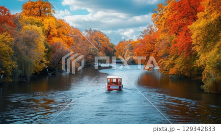 A small boat glides through a river surrounded by vibrant autumn trees reflecting bright oranges and yellows under a blue sky. 129342833