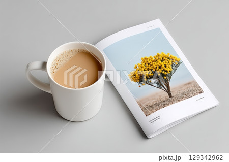 Minimalist magazine layout featuring a flower arrangement with a coffee cup on a gray background 129342962