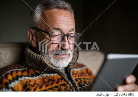 Man enjoying e-book reading on tablet while relaxing at home in a cozy living space 129342999
