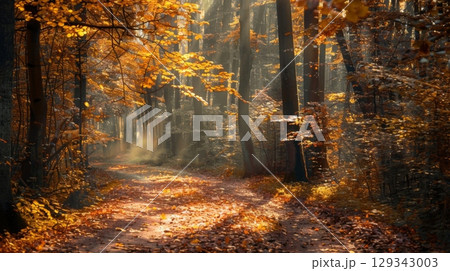 Sunlight filters through tall trees onto a winding path covered in vibrant orange and yellow leaves. 129343003