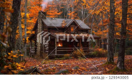 A rustic cabin nestled in vibrant fall colors, with a wood smoke curling from the chimney, creating a peaceful atmosphere. A rustic cabin nestled in vibrant fall colors, with a wood smoke curling from the chimney, creating a peaceful atmosphere. 129343005