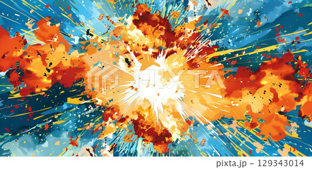 Comic book explosion background, Abstract grunge background with splashes and blot - Ai generated 129343014