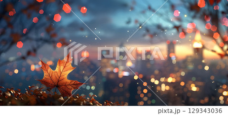 Autumn leaves on the background of the city at sunset, Autumn background - Ai generated 129343036
